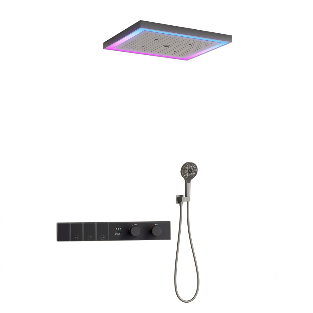 Concealed Thermostatic Shower System Set - 600x500 Quadratischer 4-Funktions-Regenduschkopf, Thermostatisches Smart-LED-Duschset, Badezimmer-Einbau-Mischventil,