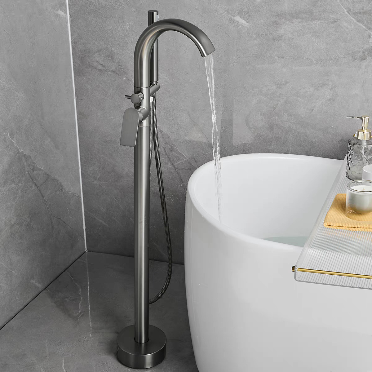 Freestanding Bathtub Filler Faucet Floor - Gun Metal Hot Cold Freistehender Badewannenhahn