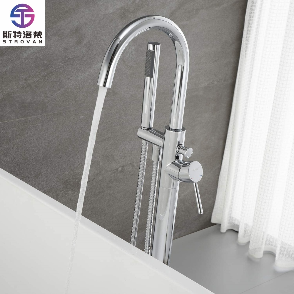 Freestanding Bathtub Filler Faucet Floor - Freistehender Badewannenfüller, Wasserfall-Badewannenarmatur, Chrom, Bodenmontage, Messing,