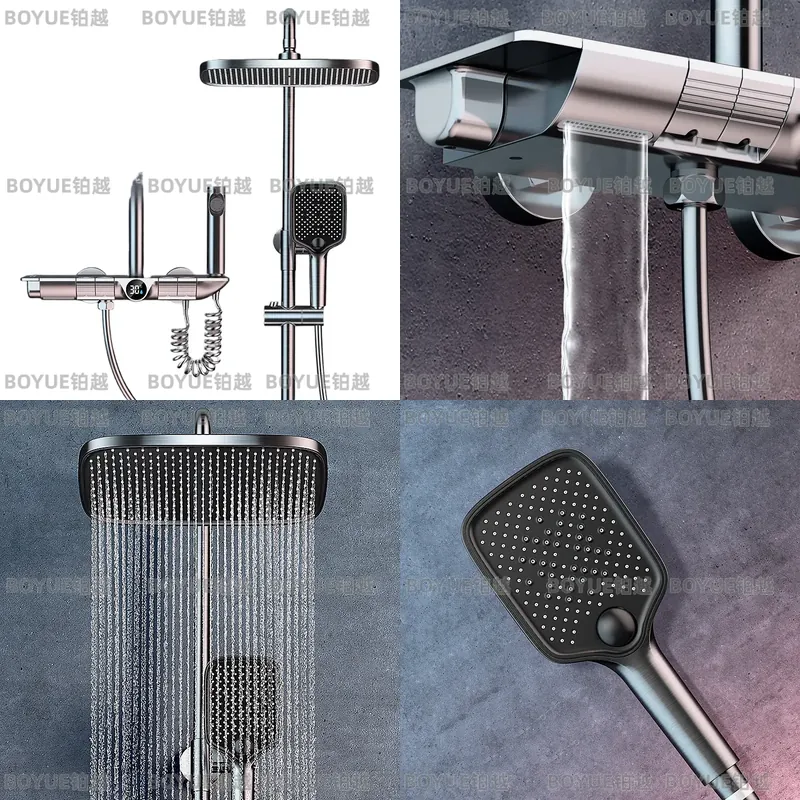 Concealed Thermostatic Shower System Set - Graues Klaviertasten-Thermostat-Duschset mit Digitalanzeige, Regenduschkopf, Verdeckte
