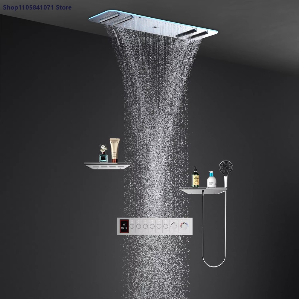 Led Rainfall Shower Head Waterfall - LED-Duschset mit Decken-Regendusche, Wasserfall-Duschkopf, Thermostatisches Bluetooth-Musik-Duschsystem