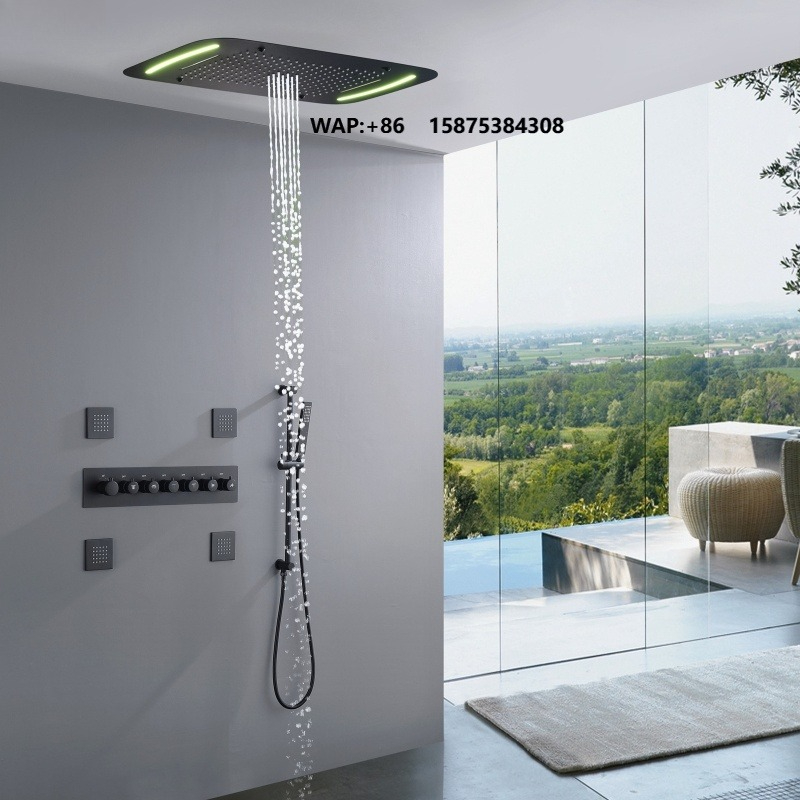 Led Rainfall Shower Head Waterfall - Mattschwarzer 710*430mm LED-Duschkopf mit Thermostatsteuerung, Einbau-Deckenregendusche