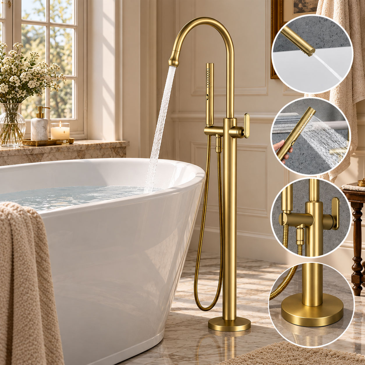 Freestanding Bathtub Filler Faucet Floor - Luxuriöse Freistehende Badewannenarmatur Bodenmontierte Wannenfüllvorrichtung Warm-