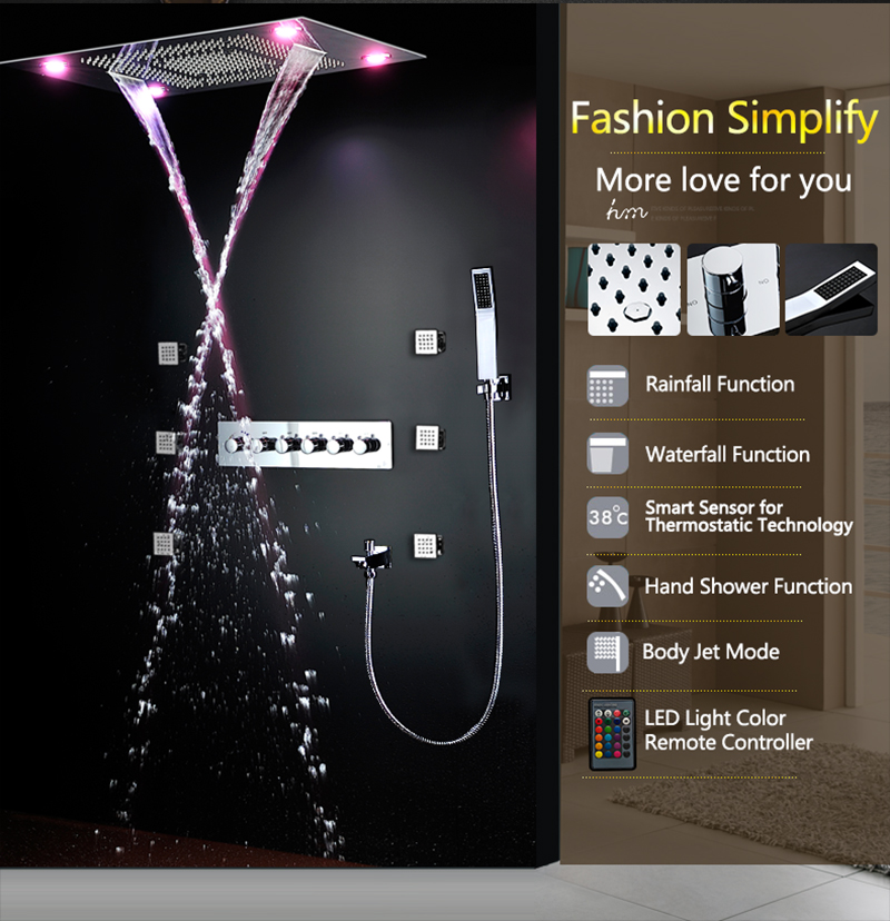 Große LED-Duscharmaturen, Ther – Led Rainfall Shower Head Waterfall Bewertung und Preis